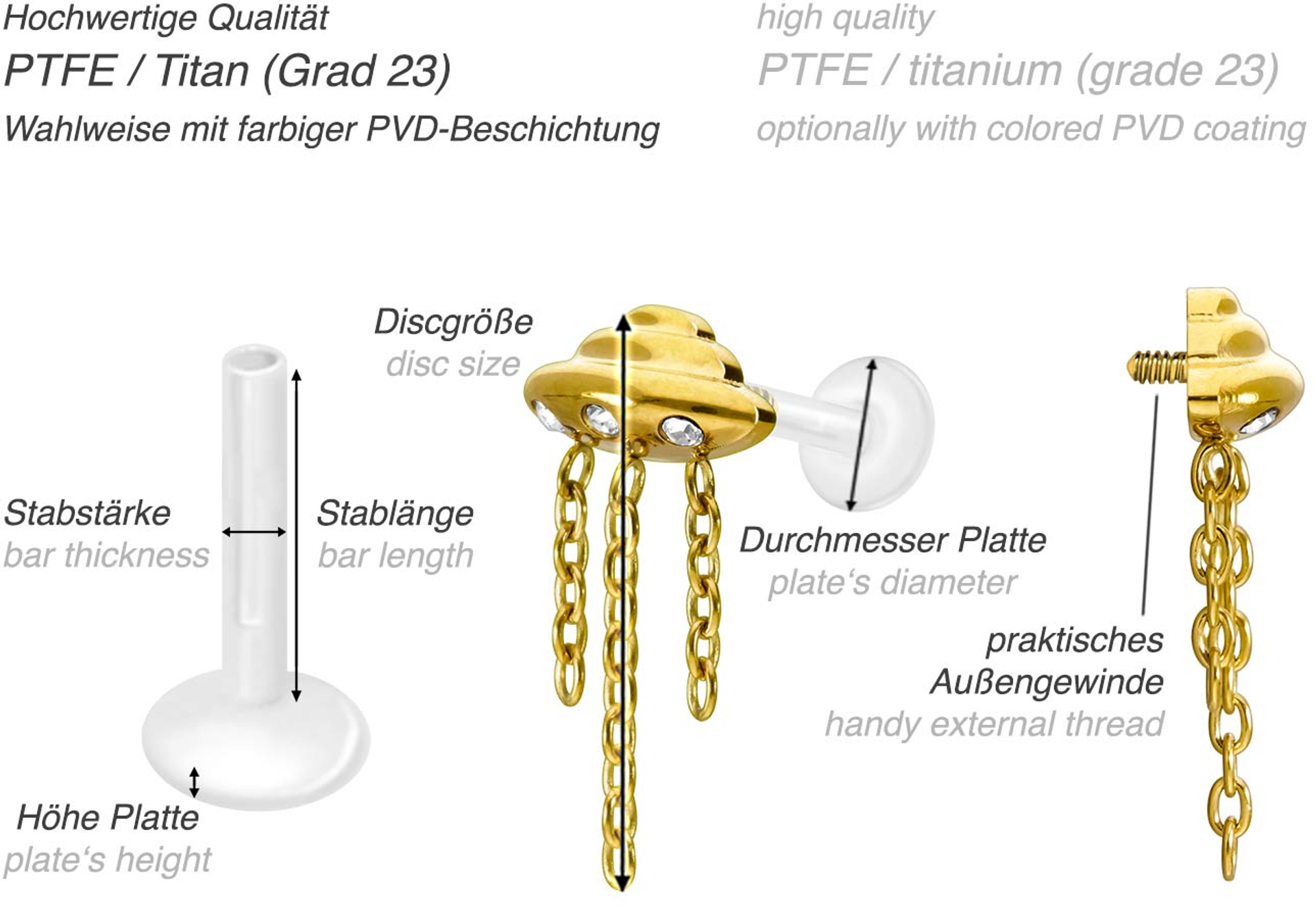 PTFE labret with internal thread + titanium attachment UFO + CHAINS ...